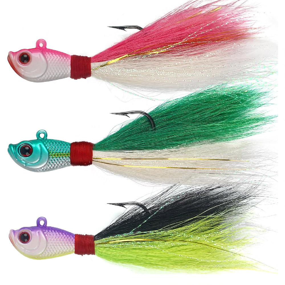 Surf Fishing Equipment - เหยื่อปลอมแบบ Bucktail Jigs 3 ชิ้น สำหรับตกปลาทะเลและน้ำจืด