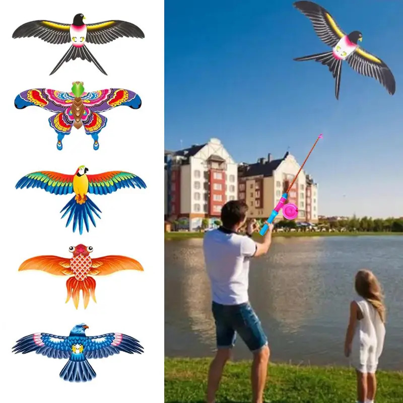 Fishing Equipment For Kids - ว่าวเด็ก ของเล่นการ์ตูนรูปนกอินทรี พับได้ ว่าวพลาสติกขนาดเล็ก พร้อมเบรกมือ คันเบ็ดตกปลา